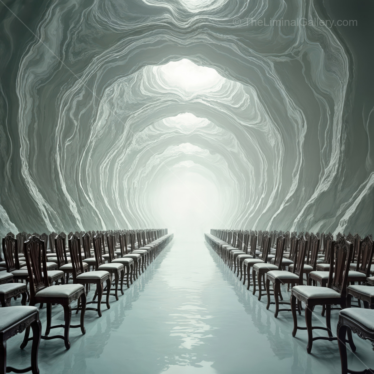 Liminal cavern pathway lined with reflective chairs leads toward ethereal light, soft curves and hush creating a meditative journey through surreal beauty