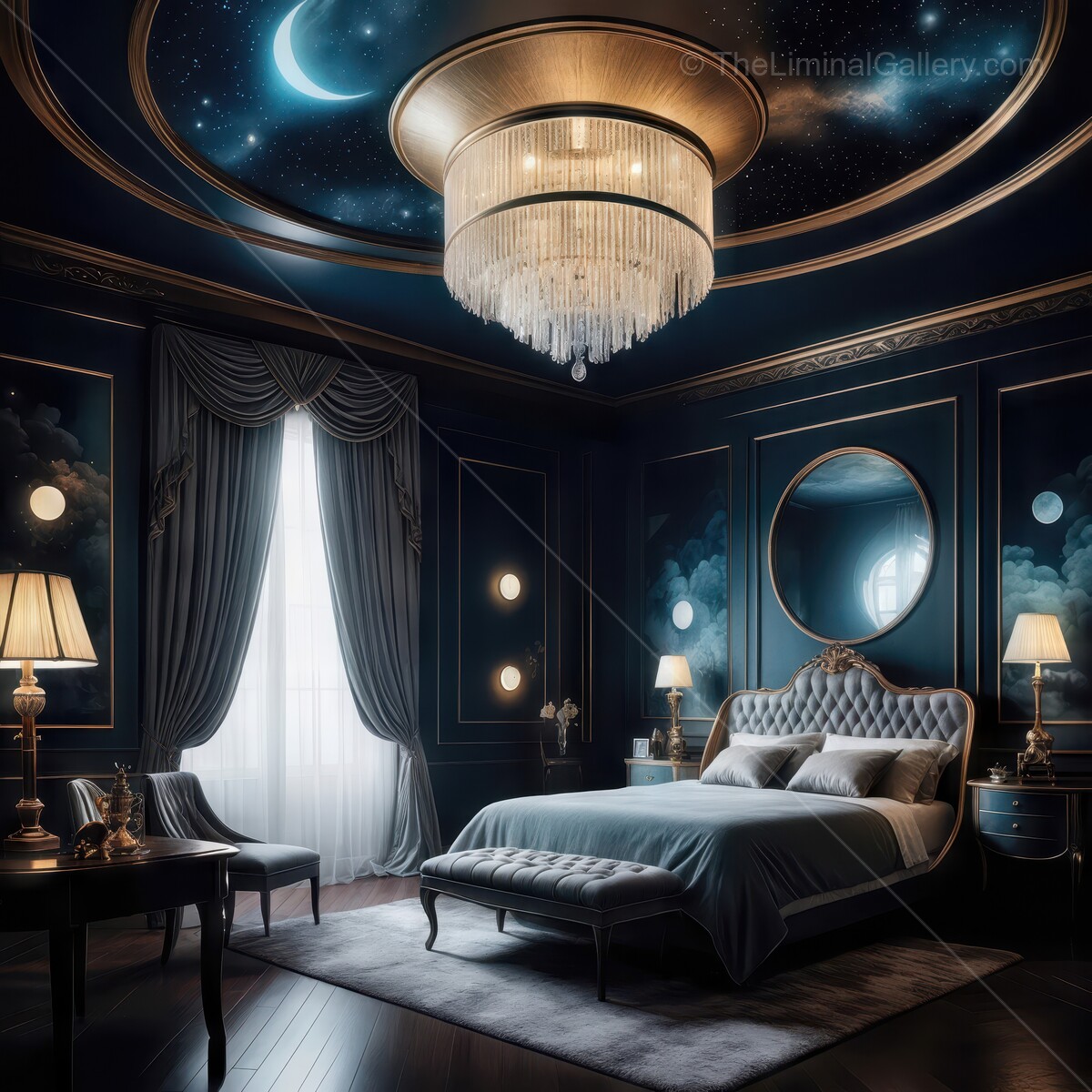 Elegant bedroom design featuring celestial theme and luxurious decor at twilight