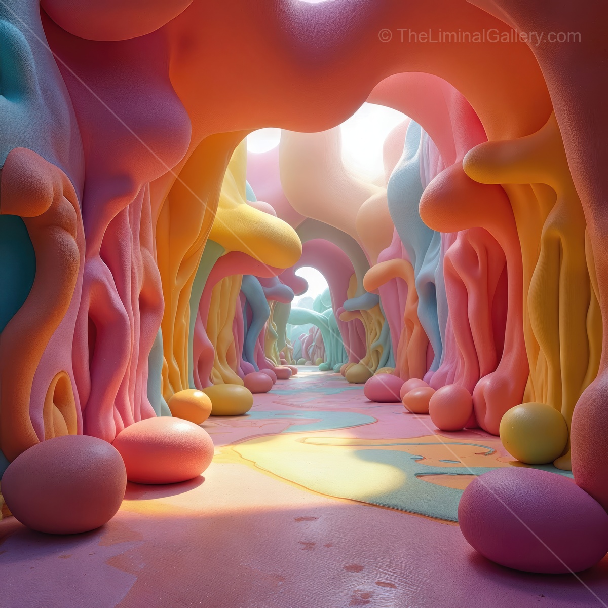 Colorful surreal pathway through a whimsical realm filled with organic shapes and vibrant hues, inviting exploration under soft, diffused light