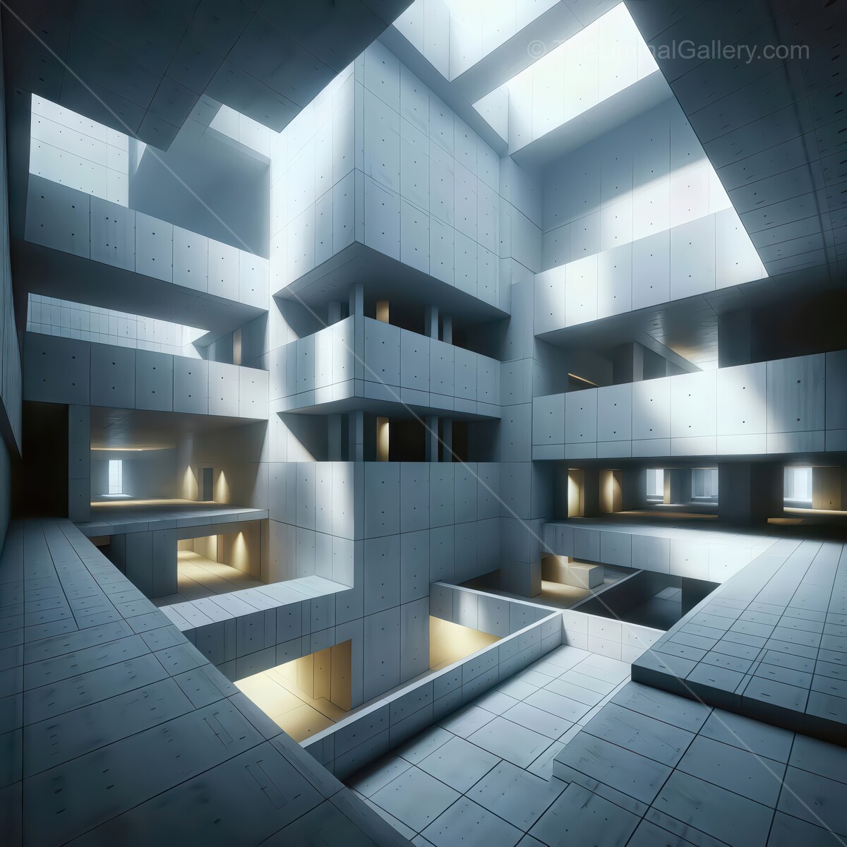 Exploring a mesmerizing liminal labyrinth of concrete structures illuminated by soft light