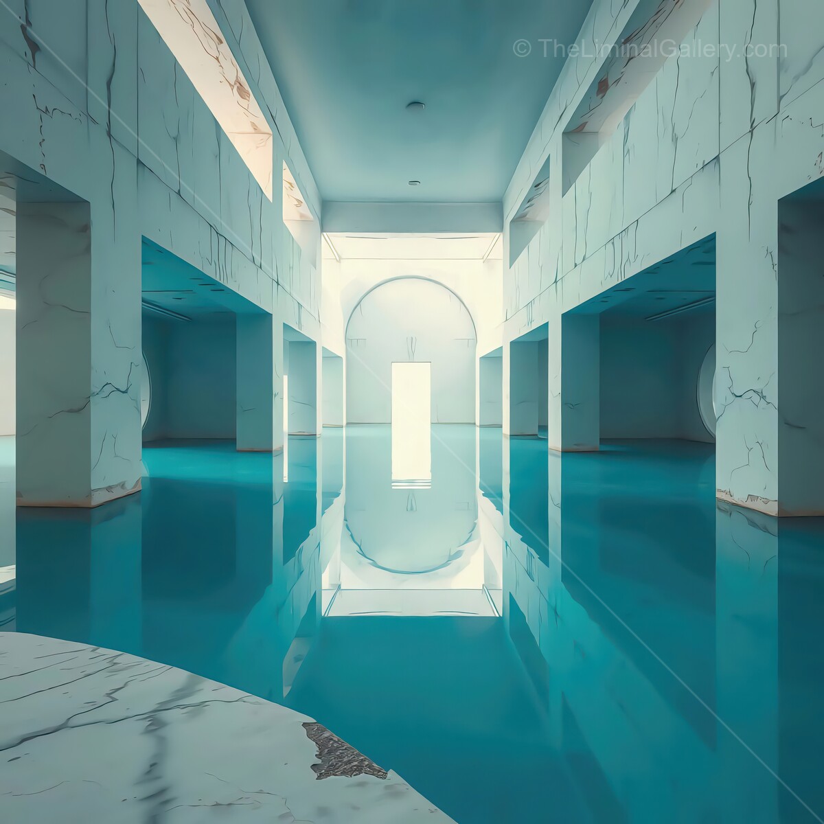 Contemporary liminal architecture enveloped by tranquil waters and serene light