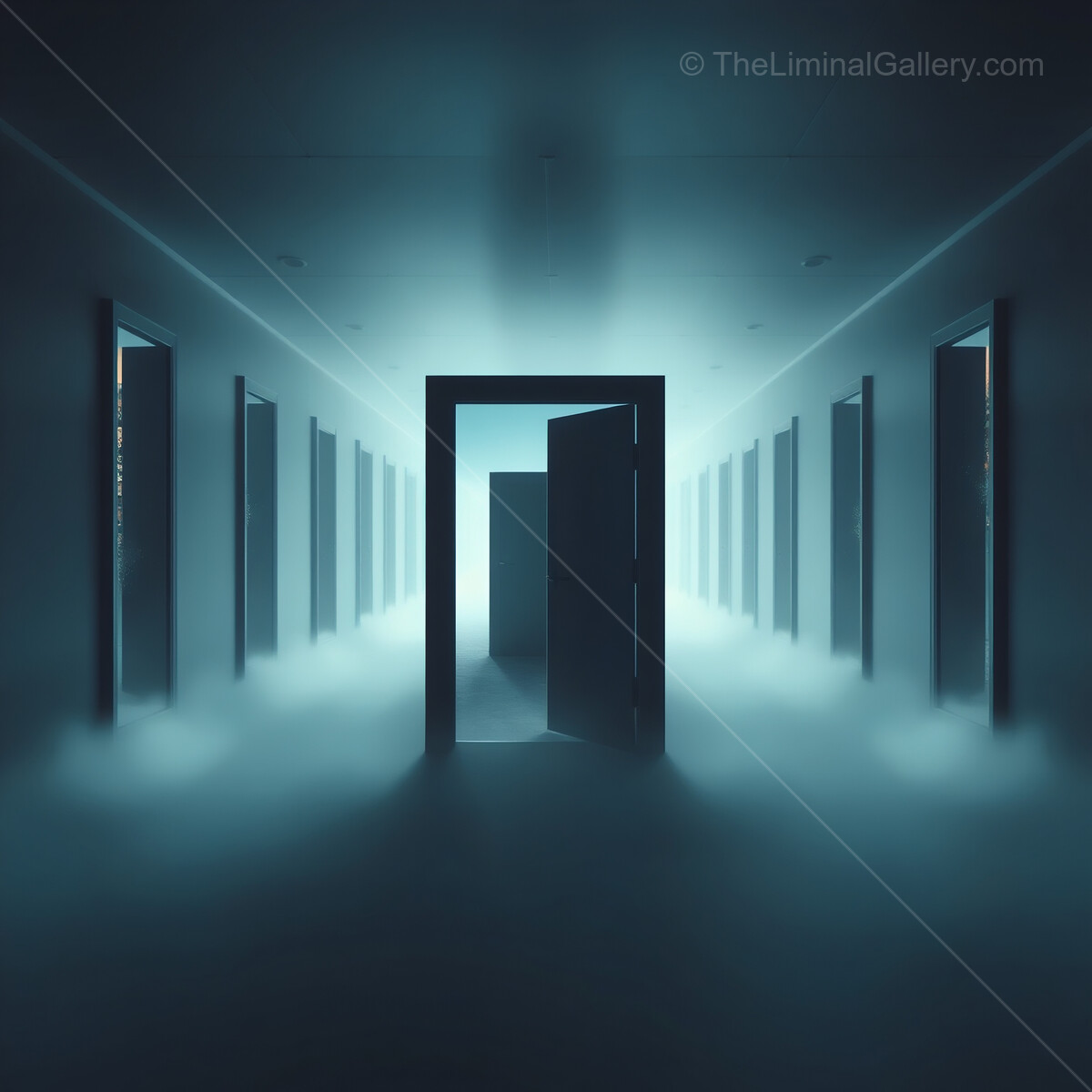 Mysterious liminal corridor lit by ethereal light invites exploration in a surreal atmosphere