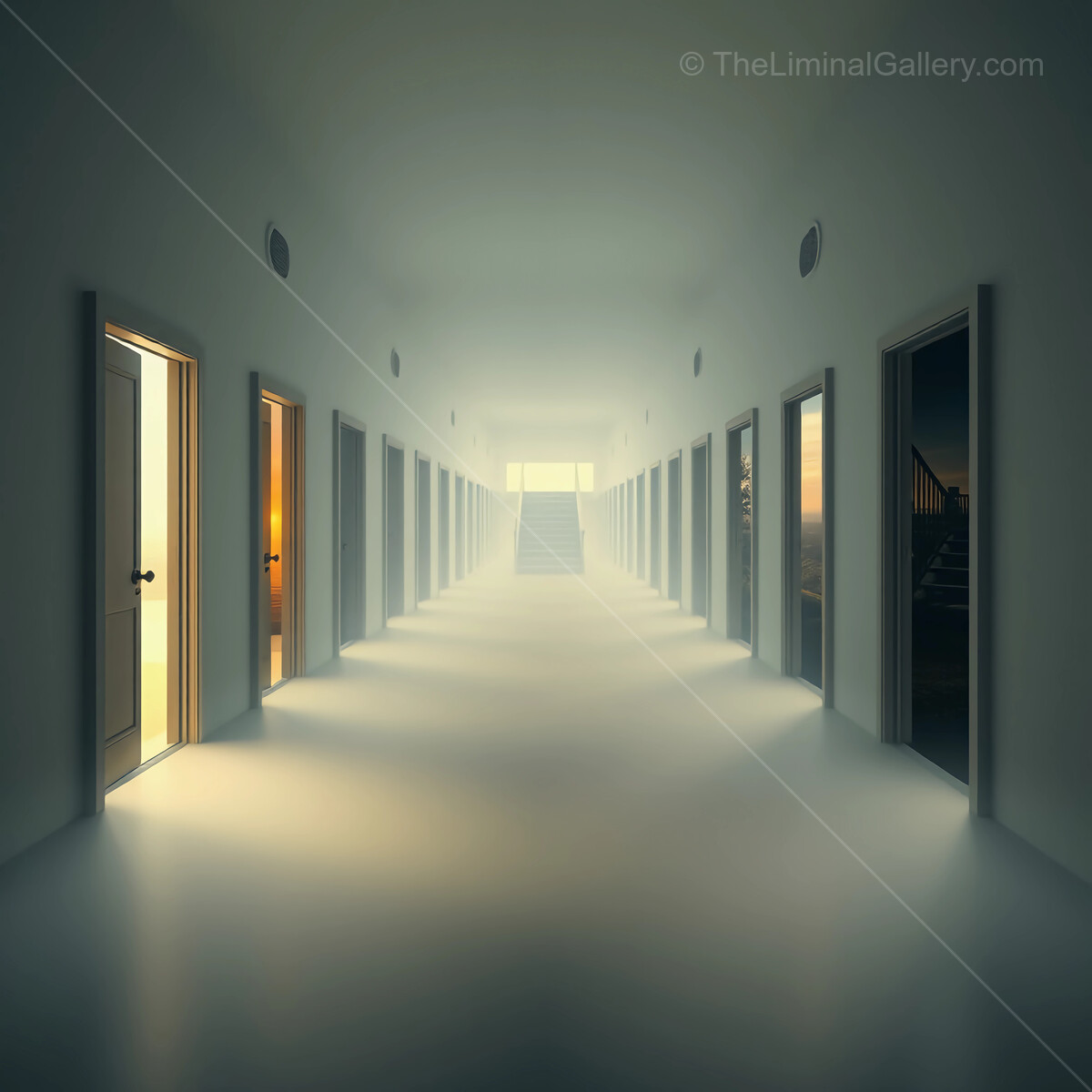 Exploring the liminal mystical corridor filled with open doors at twilight in a dreamlike atmosphere