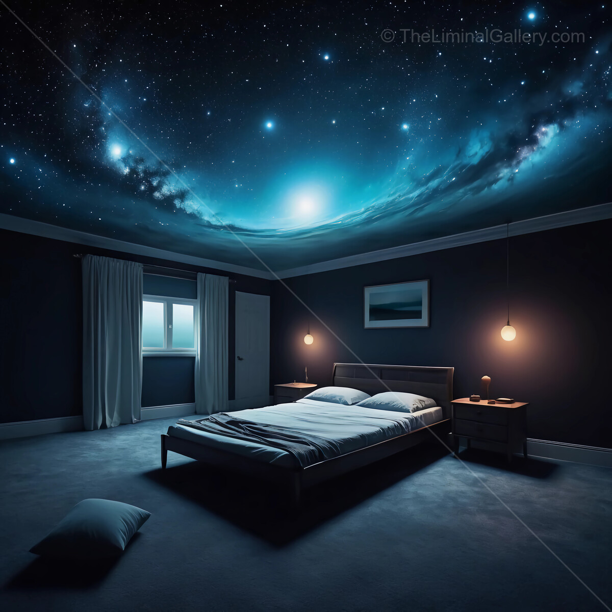 Dreaming under a cosmic sky in a serene and modern bedroom space