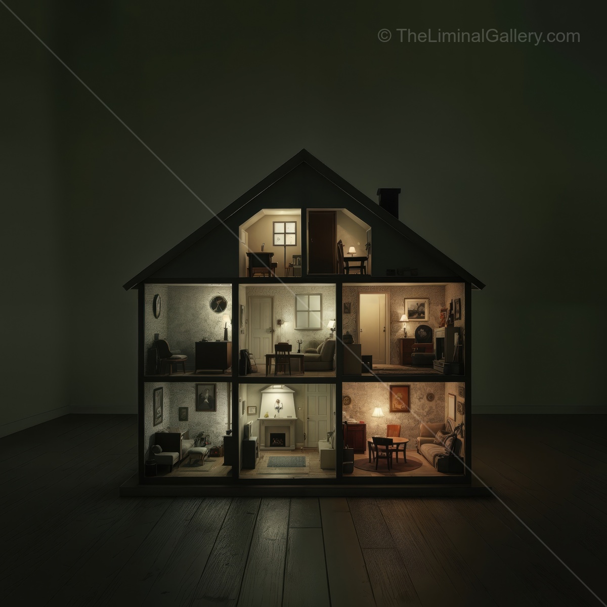 Intricate dollhouse reveals warmth of home life in dim lighting, showcasing cozy rooms filled with charming details, inviting nostalgia and imagination