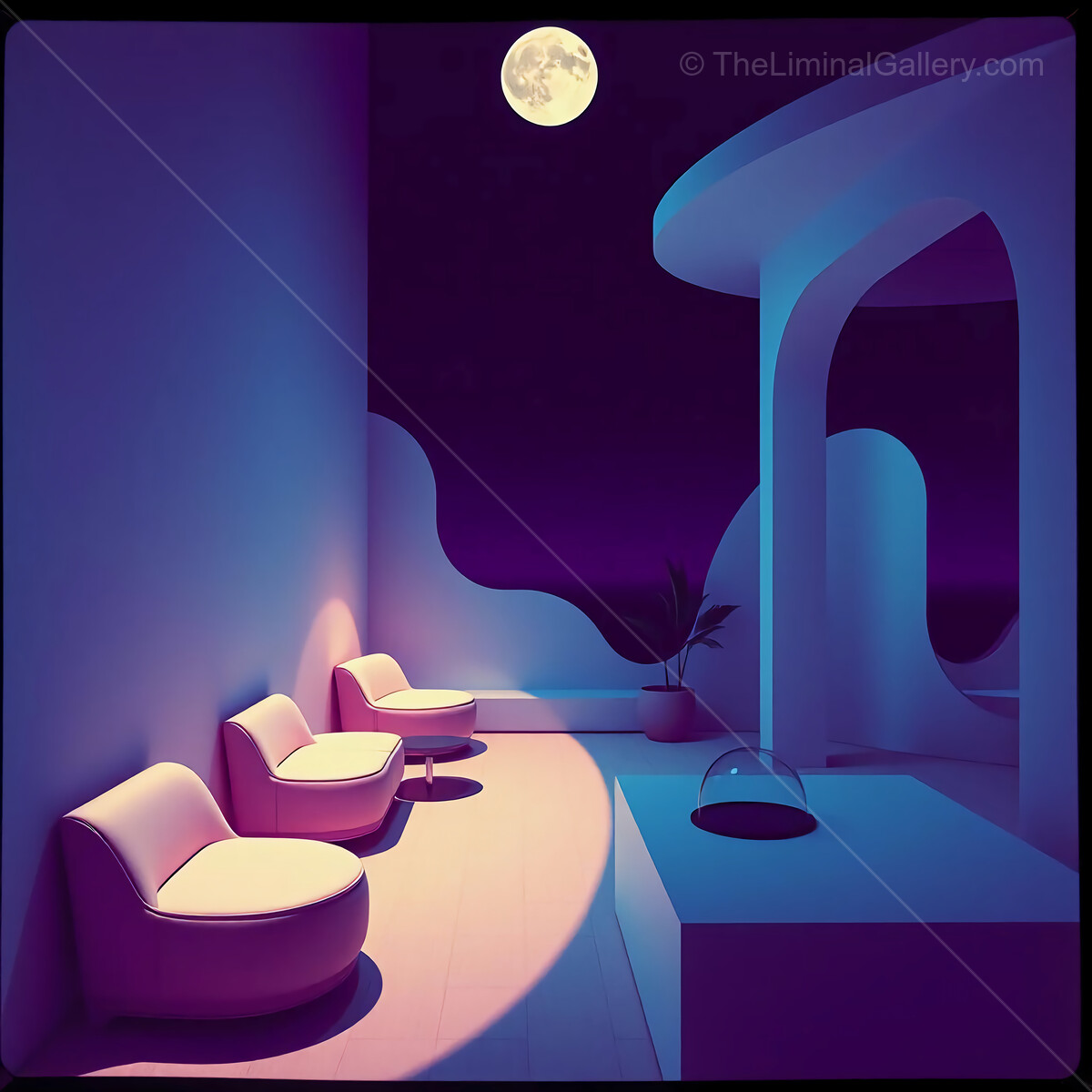 Cozy liminal lounge with soft seating under a glowing moon in a serene evening atmosphere