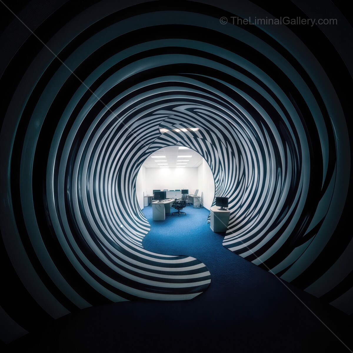 Creative liminal office interior featuring a mesmerizing striped tunnel design in a modern workspace