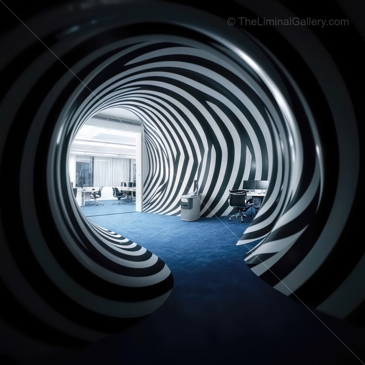 Creative liminal workspace with swirling black and white design evokes inspiration and innovation in a modern office environment