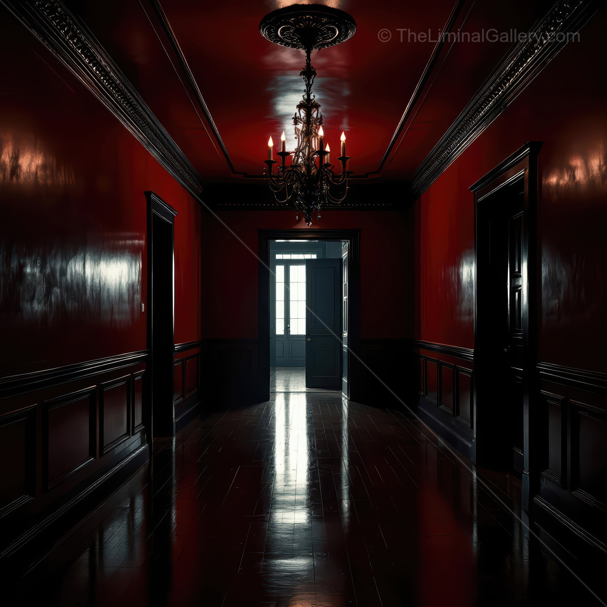 Rich crimson hallway glows at twilight, reflective walls casting warm light that infuses the space with mysterious manor allure and nostalgic historical charm