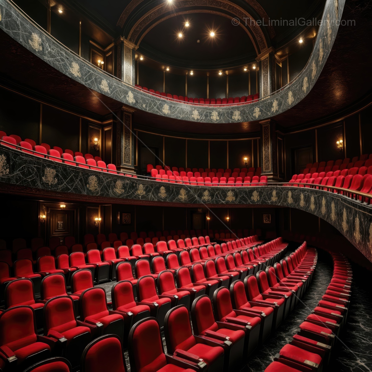 Exploring the serene beauty of a grand theater filled with empty crimson seats in a dimly lit atmosphere