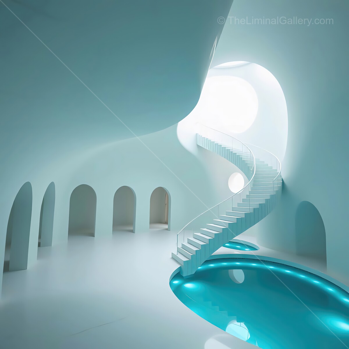 Curved liminal architecture blends light and space in a serene modern environment with flowing shapes