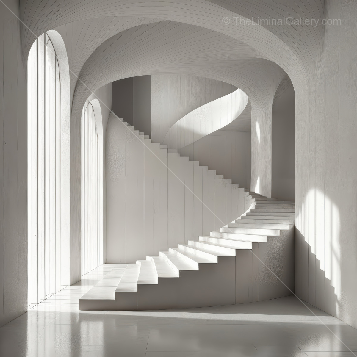 Elegantly curved staircase shines in minimalist space, gentle natural light caressing smooth surfaces to create a serene ambiance perfect for calm reflection