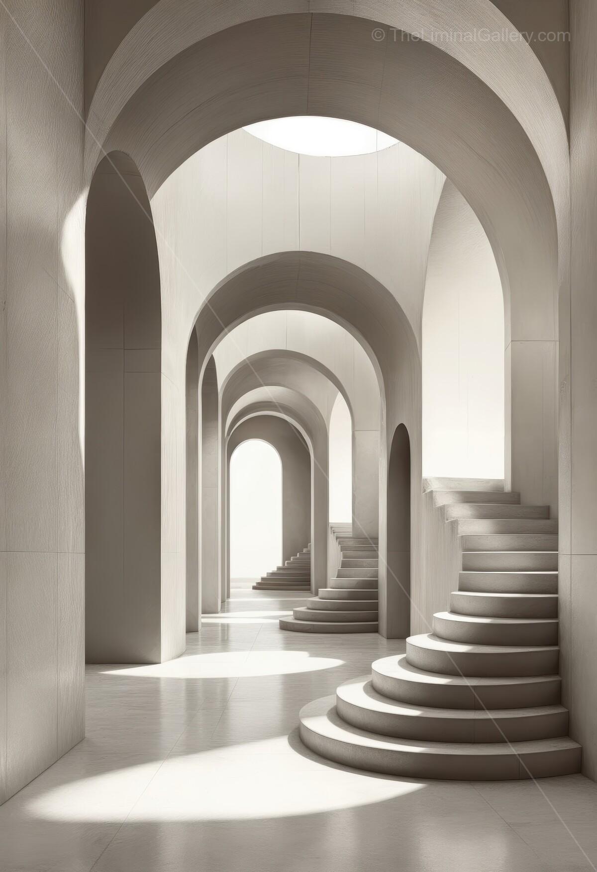 Liminal sanctuary of curved staircases and radiant archways bathes in streaming daylight, merging design elegance with soothing tranquility for the senses