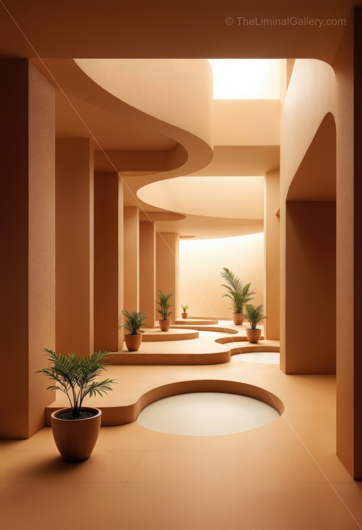 Immersed in liminal curves and glass, a minimalist retreat blends natural textures with mellow midday light, inviting deep introspection and restful pause amid serene design