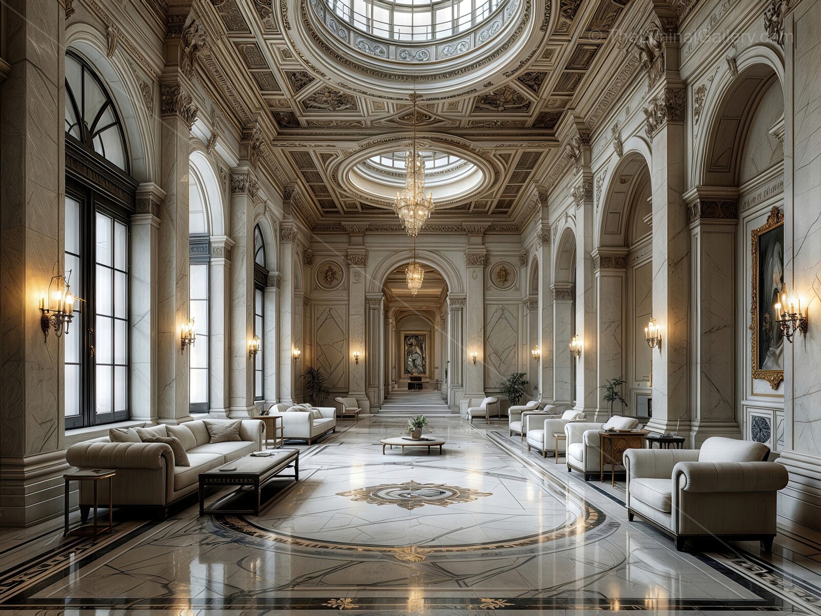 Grand lobby bathed in daylight flaunts sophisticated d�cor and opulent finishes; towering windows illuminate luxurious space, offering an impressive welcome
