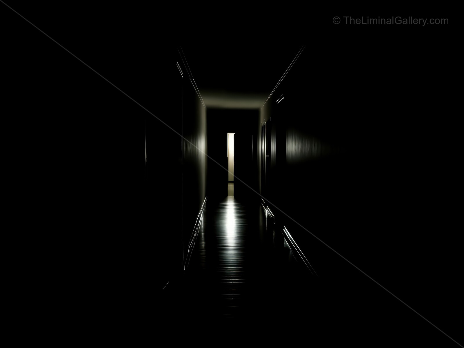 Exploring the eerie stillness of a dimly lit corridor leading to a mysterious doorway