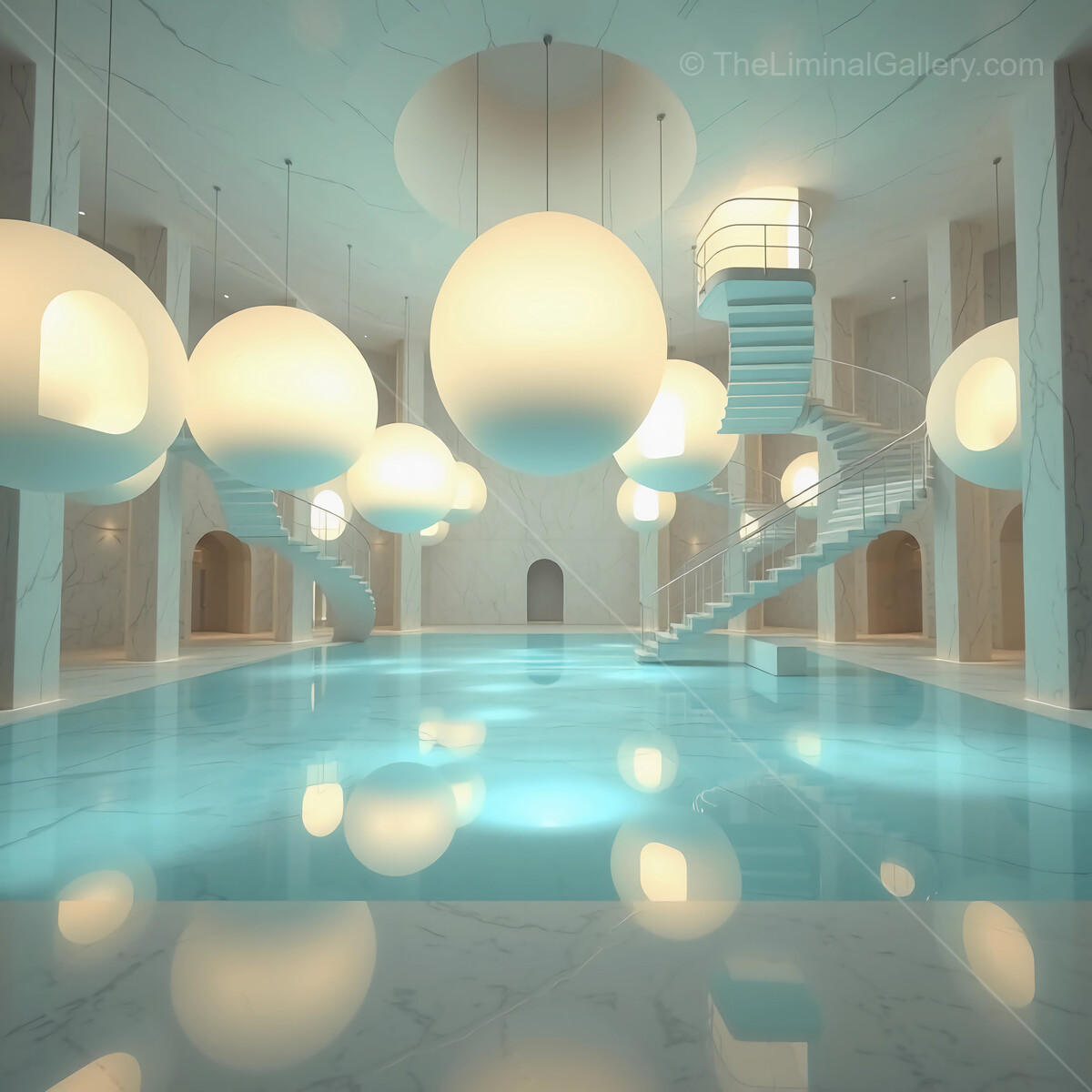 Serene retreat featuring ethereal lighting and tranquil waters in a modern architectural space