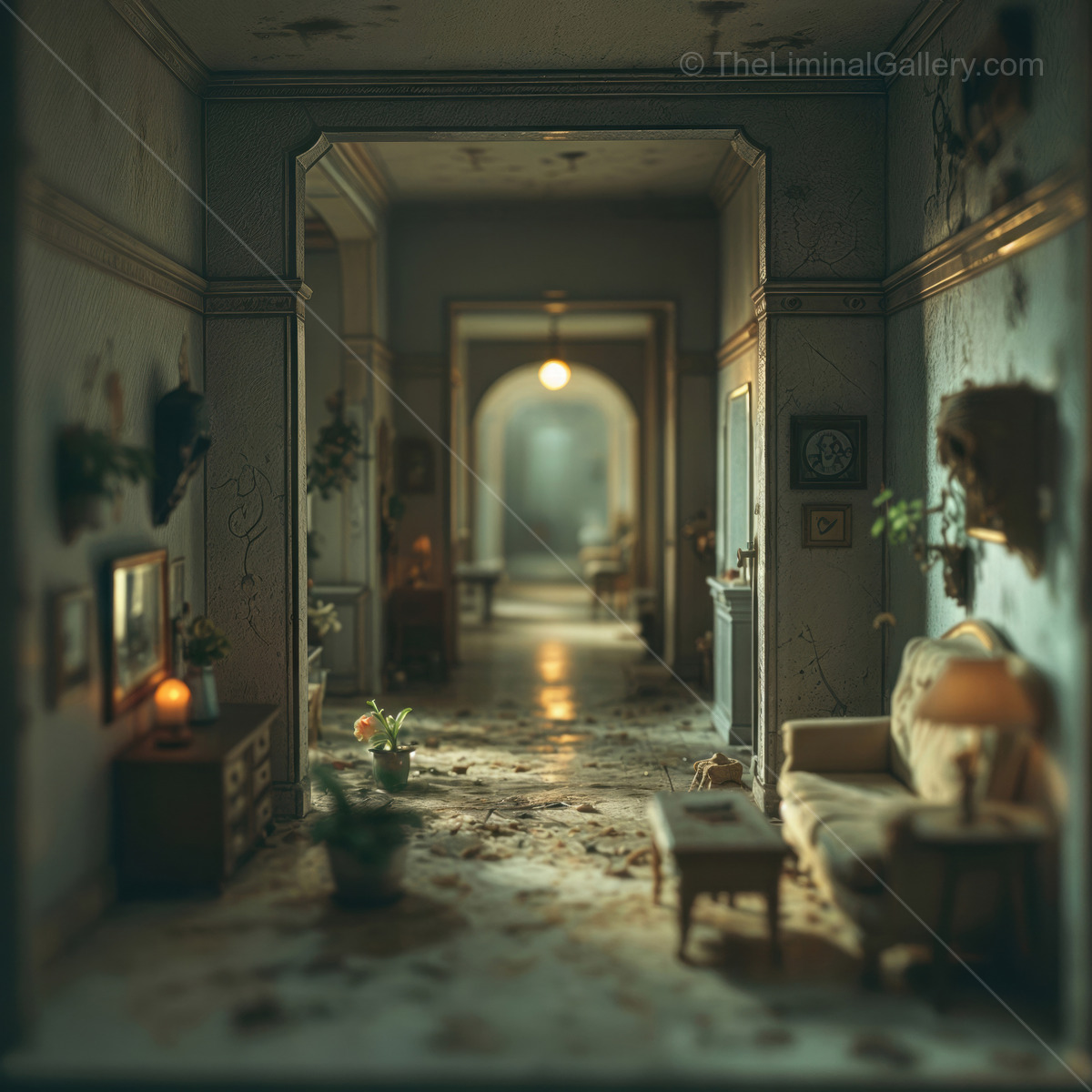 In the fading light of dusk, the soft whispers of a long-forgotten home echo through a dusty hallway, evoking memories of the past that linger in the air