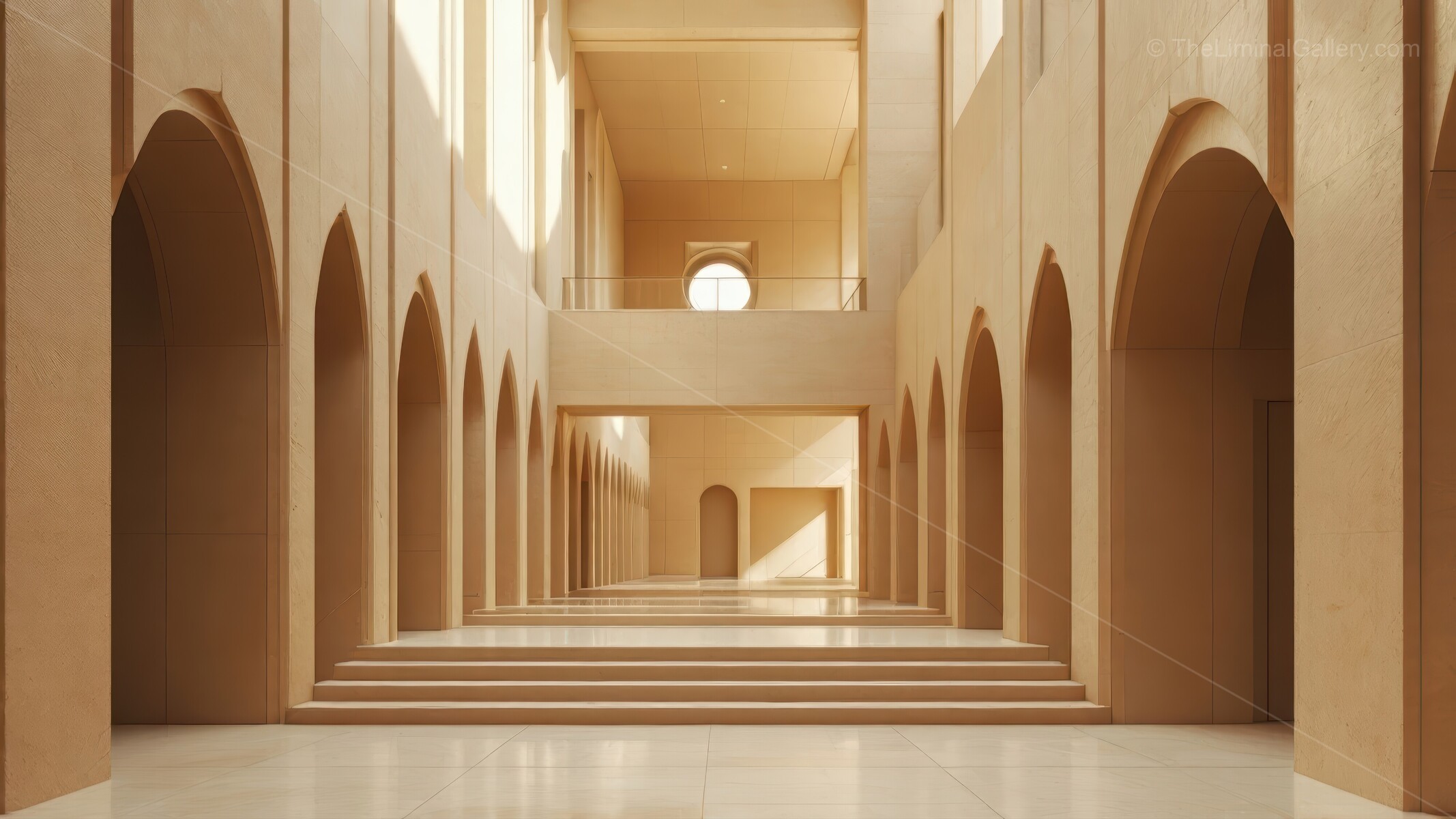 Minimalist interior in soothing earth palette features graceful arches and streaming daylight, establishing tranquil modern haven ideal for rest and focus