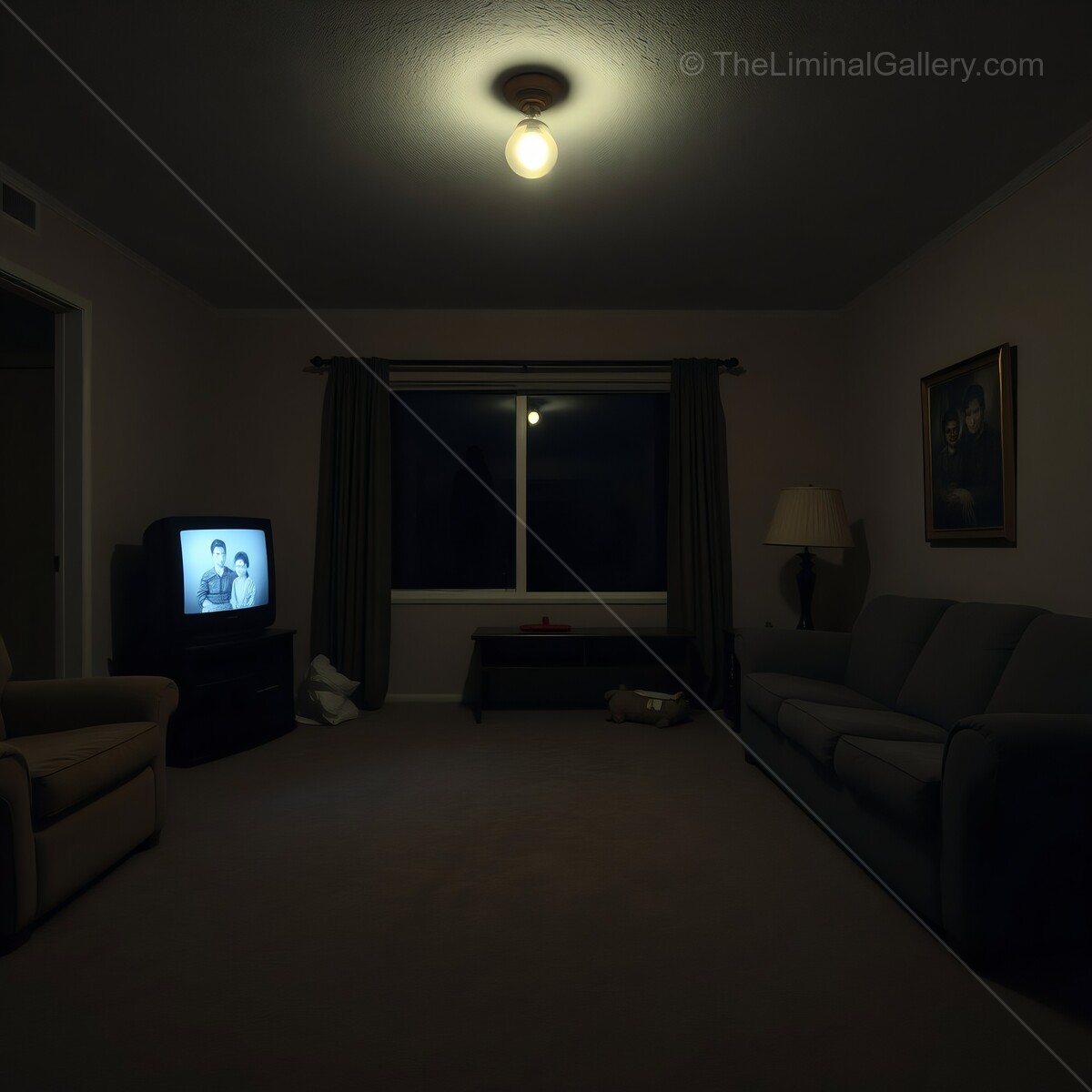 Dimly lit living room with vintage television playing classic film at night