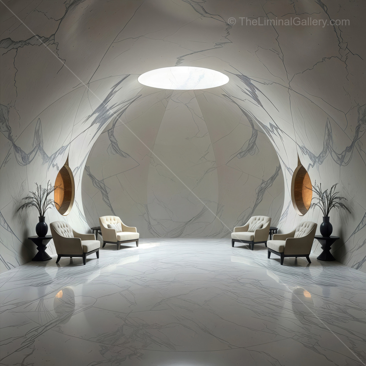 Elegant figure standing in a minimalist marble room with soft light and stylish furniture