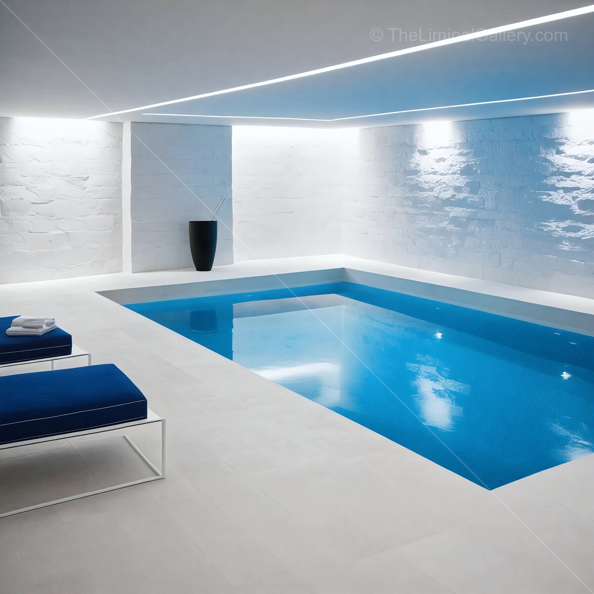 Elegant indoor swimming pool with modern design and calming ambiance invites relaxation and tranquility