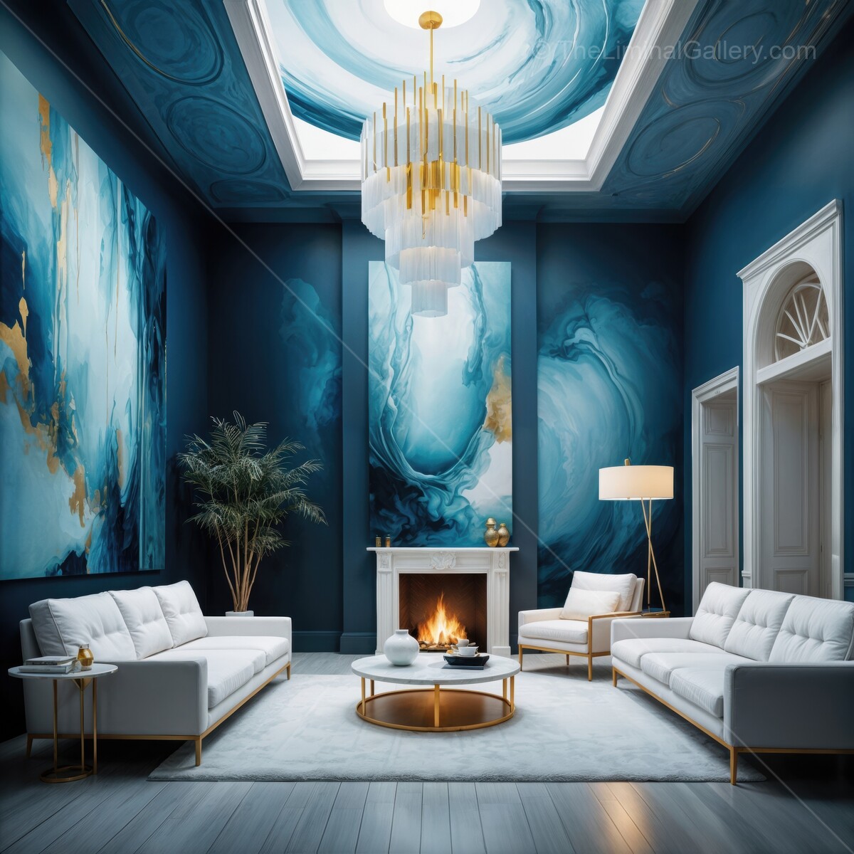 Elegant living room featuring striking blue artwork and a cozy fireplace ambiance