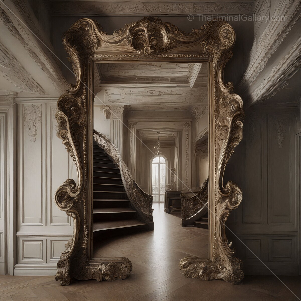 Elegant ornate mirror reflecting timeless beauty in a grand interior staircase setting