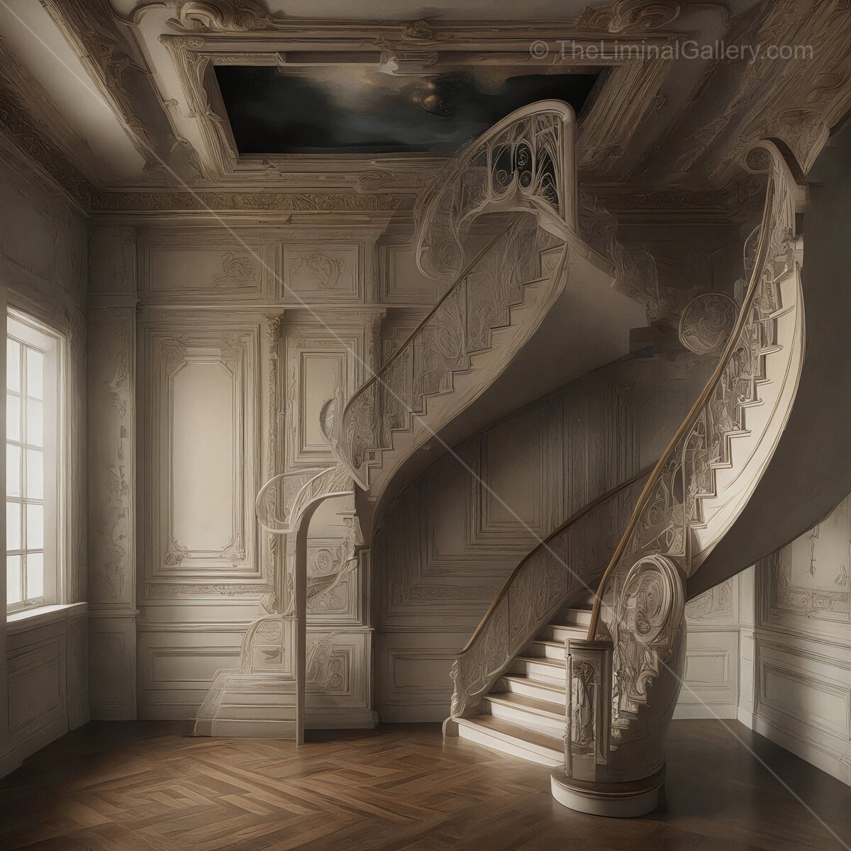Elegant spiral staircase in a grand, softly lit room with intricate moldings and a stunning ceiling mural