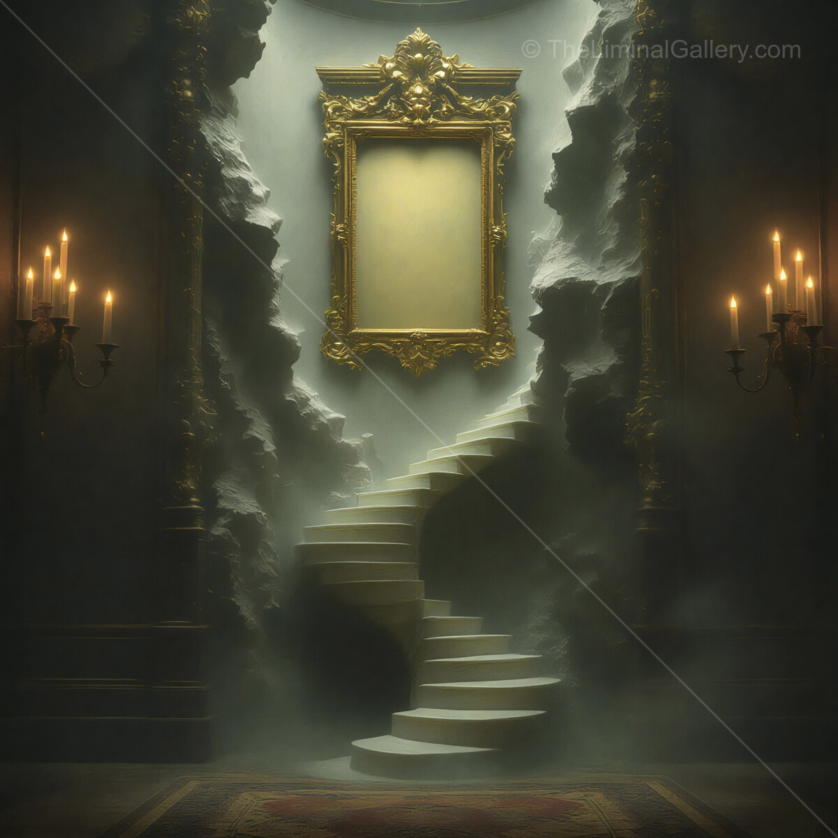 Elegant staircase leading to a mysterious blank frame in an atmospheric, dimly lit setting
