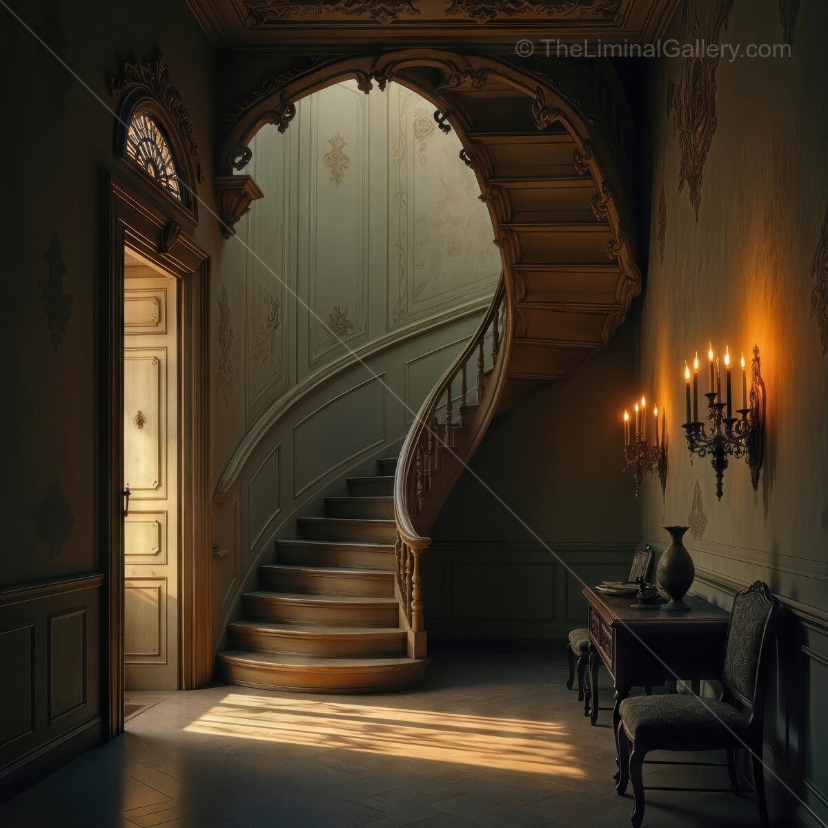 Elegant staircase illuminated by candles in an ornate hallway at dusk