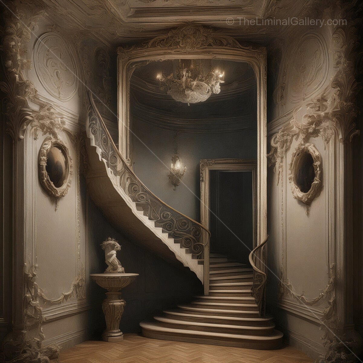 Elegant staircase adorned with intricate details in a timeless interior setting at dusk