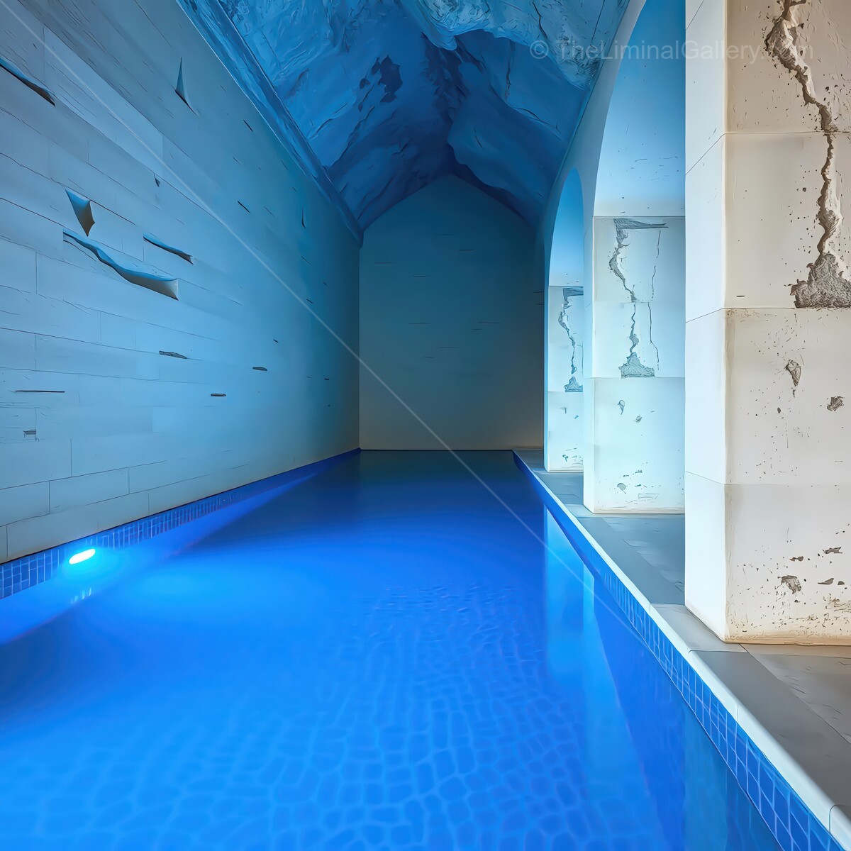 Serene luxury in an elegant underground pool with captivating blue waters and majestic stone architecture