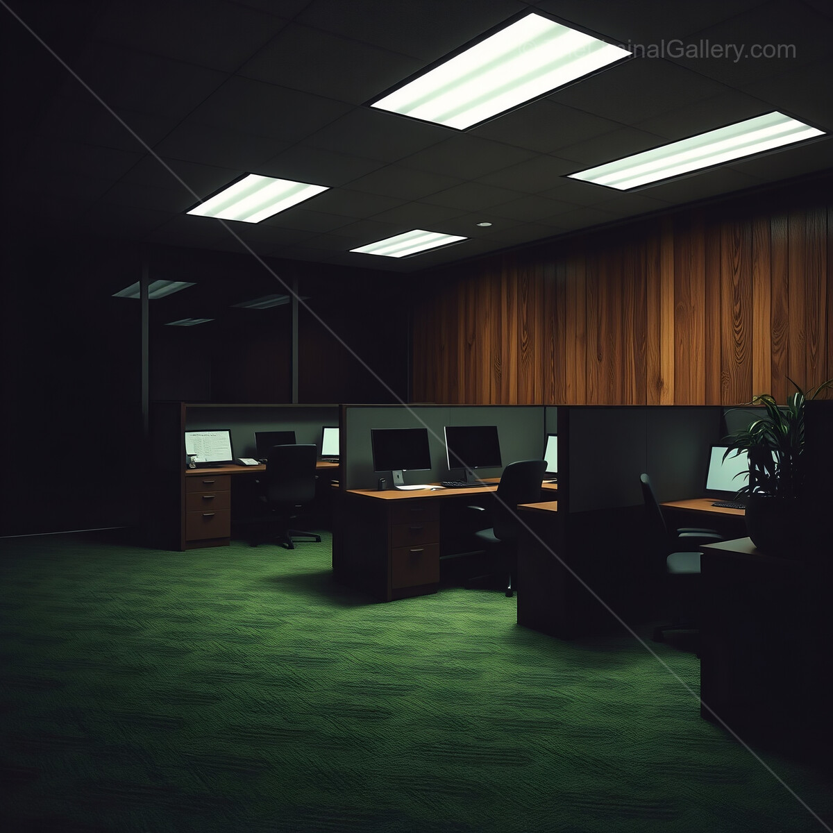 Dimly lit office space with empty workstations reflecting a quiet evening atmosphere
