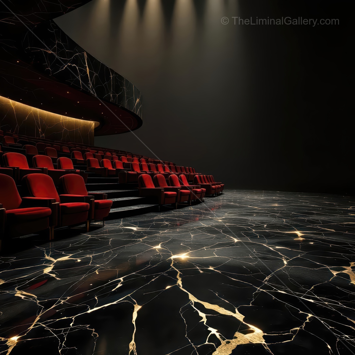 Empty theater with red seats and black marble floor inviting imagination in a liminal moment