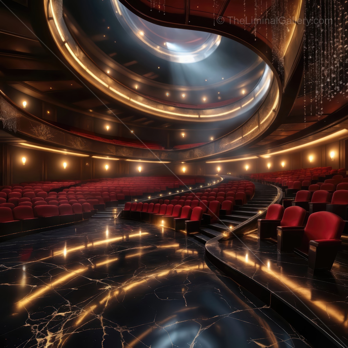 Experience the enchantment of an empty theater bathed in soft light