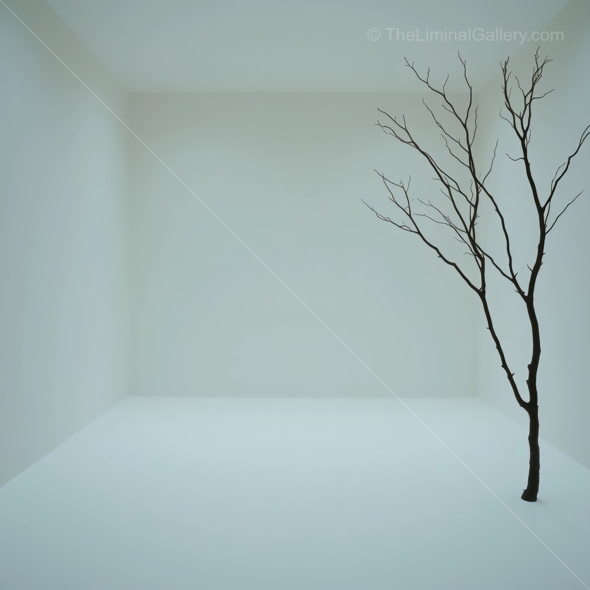 Empty white room featuring a solitary barren tree against the minimalist backdrop
