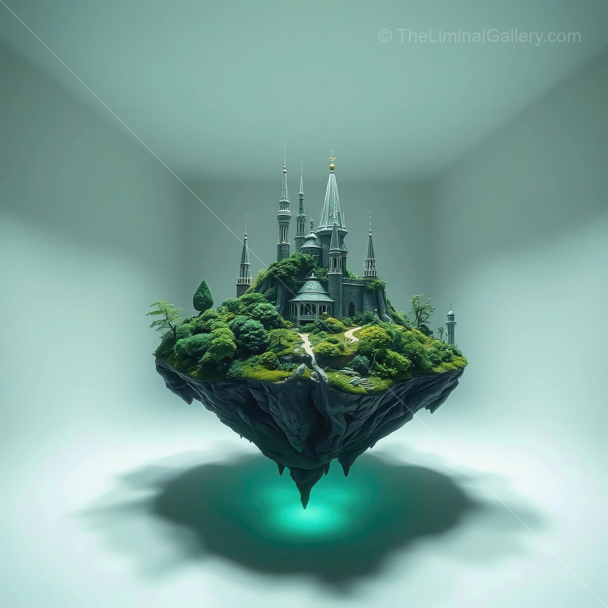 Enchanted castle floating over a lush landscape in a minimalistic, dreamlike space at twilight
