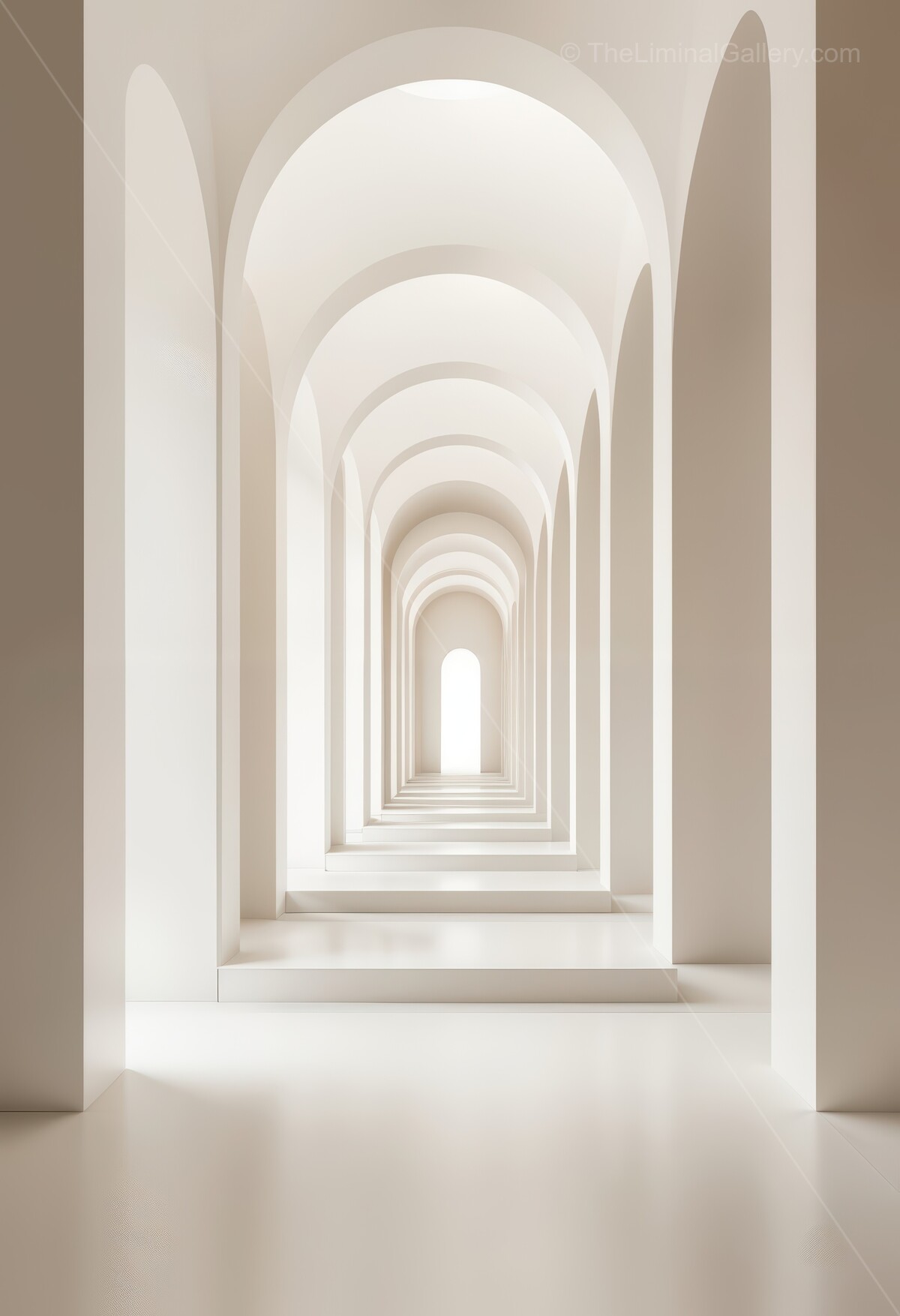 Endless liminal arches cast rhythmic shadows in a tranquil minimalist gallery, offering space for contemplative walks, creative thought, and breathing