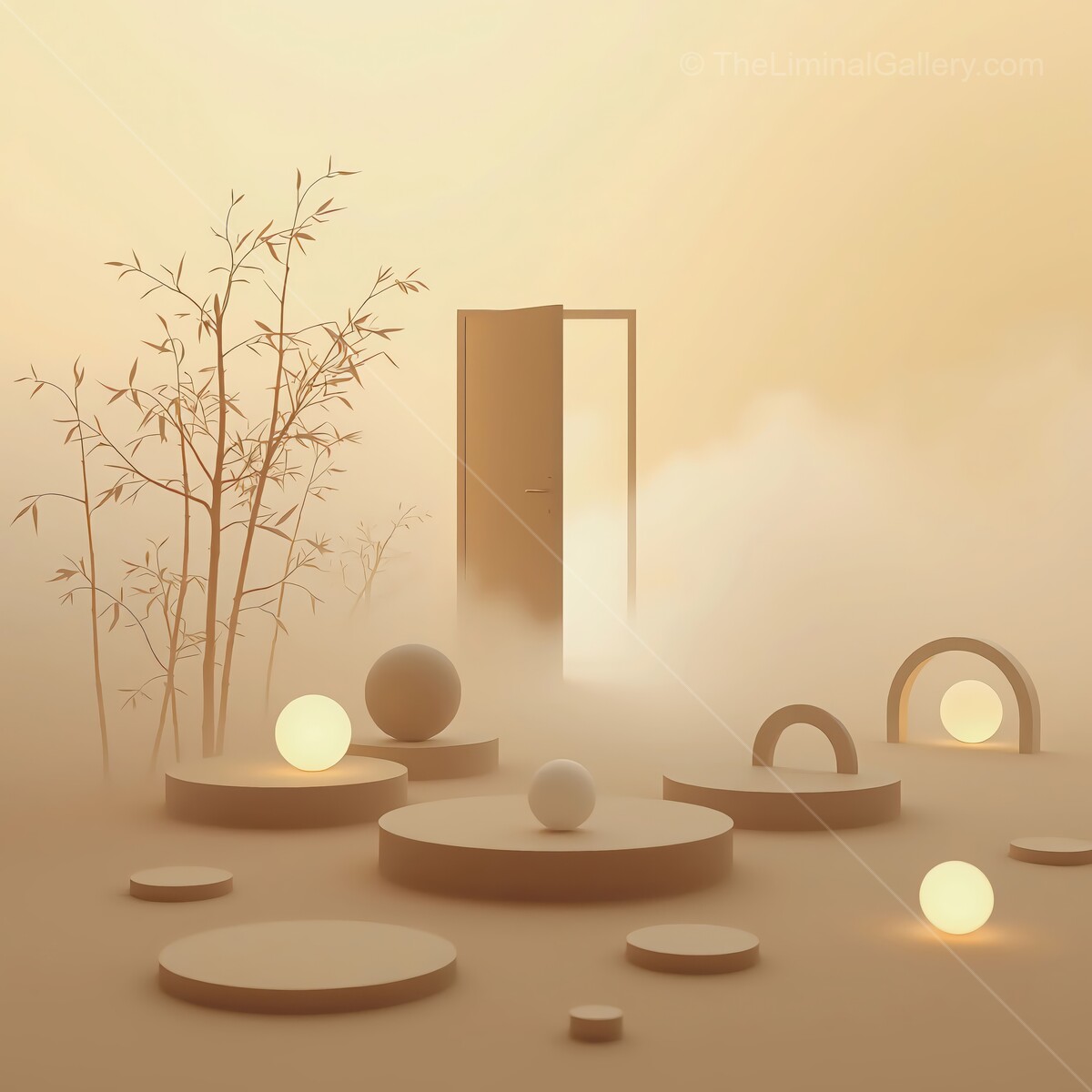 Ethereal doorway beckons in soft misty landscape, inviting exploration and wonder at dusk