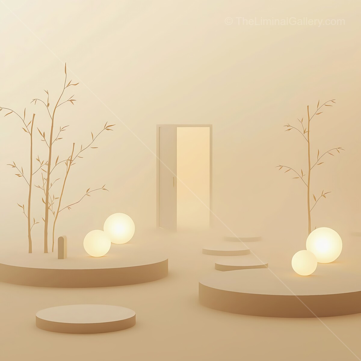Ethereal pathways of light and tranquility guide you to a mysterious door in a serene landscape