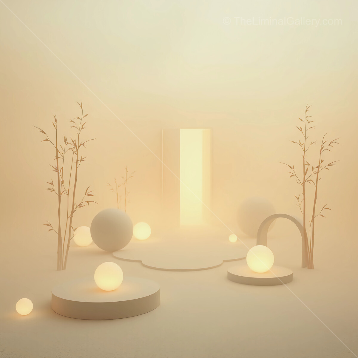 Ethereal liminal space with glowing orbs and minimalist design exudes tranquility in a misty ambiance