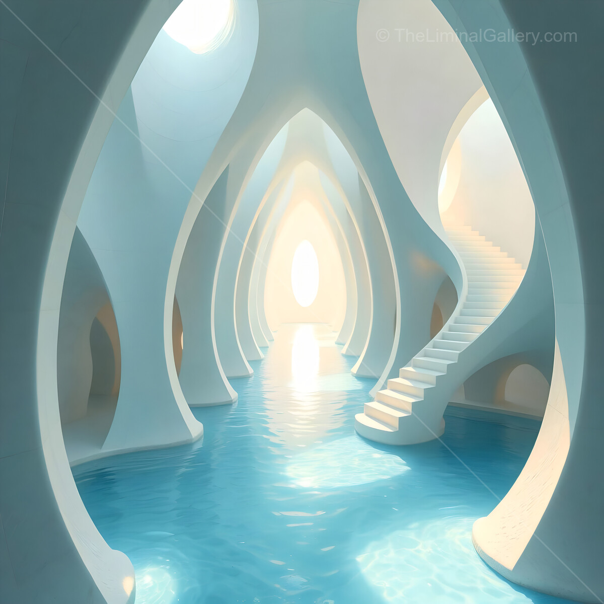 Dreamlike liminal architecture blends flowing water and ethereal light in a serene oasis