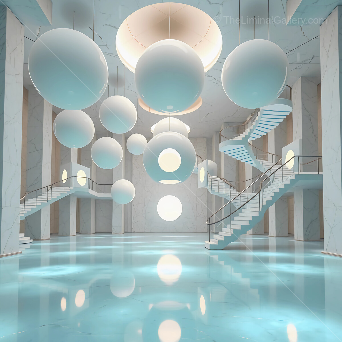Floating spheres illuminate a serene modern architectural space with elegant stairs at midday