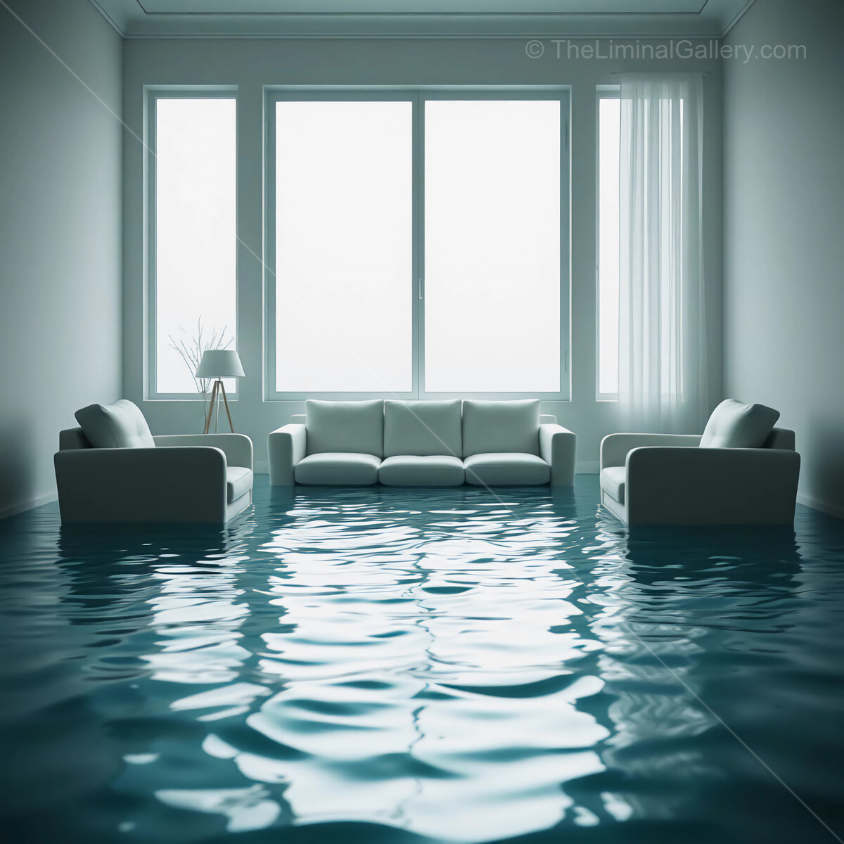 Flooded liminal living room with serene water reflections, a unique take on home decor and nature blending