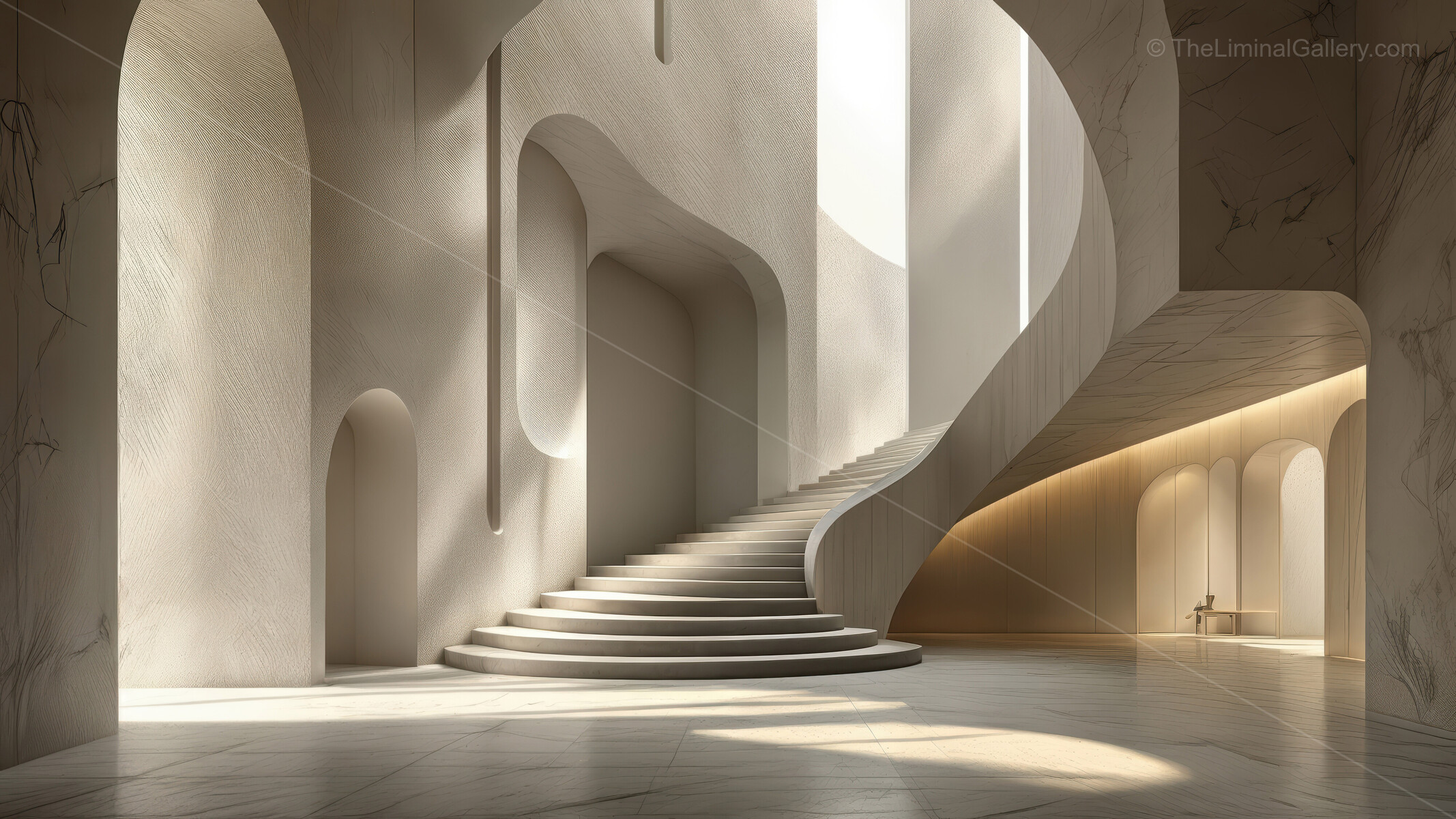 Flowing curves and ample daylight characterize serene studio, fostering contemplative mood and creative focus within bright, elegantly designed architectural space