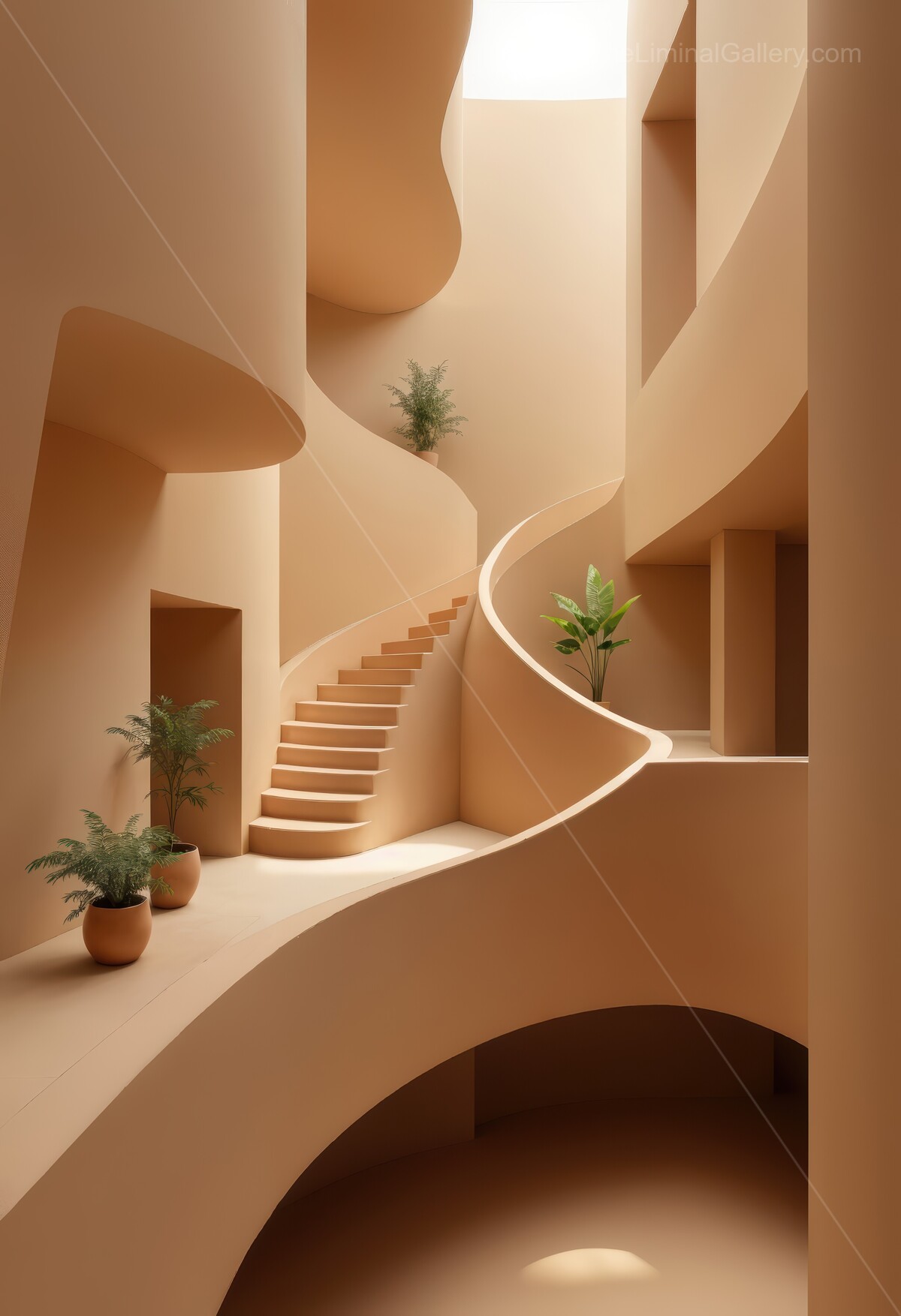 Fluid liminal curves and warm golden light ripple through an architectural masterpiece, inviting viewers into a welcoming space that fuses art and serenity