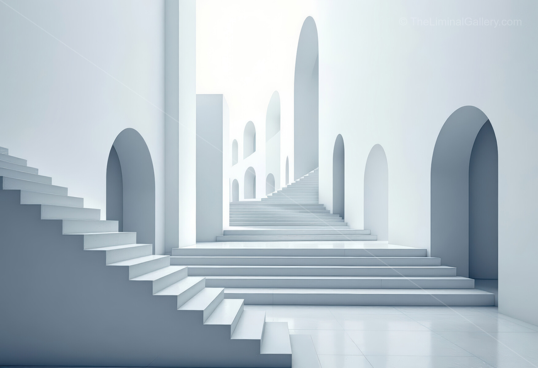 Intricate architectural design features flowing stairs and arches in a serene, minimalistic setting, demonstrating modern aesthetics and craftsmanship