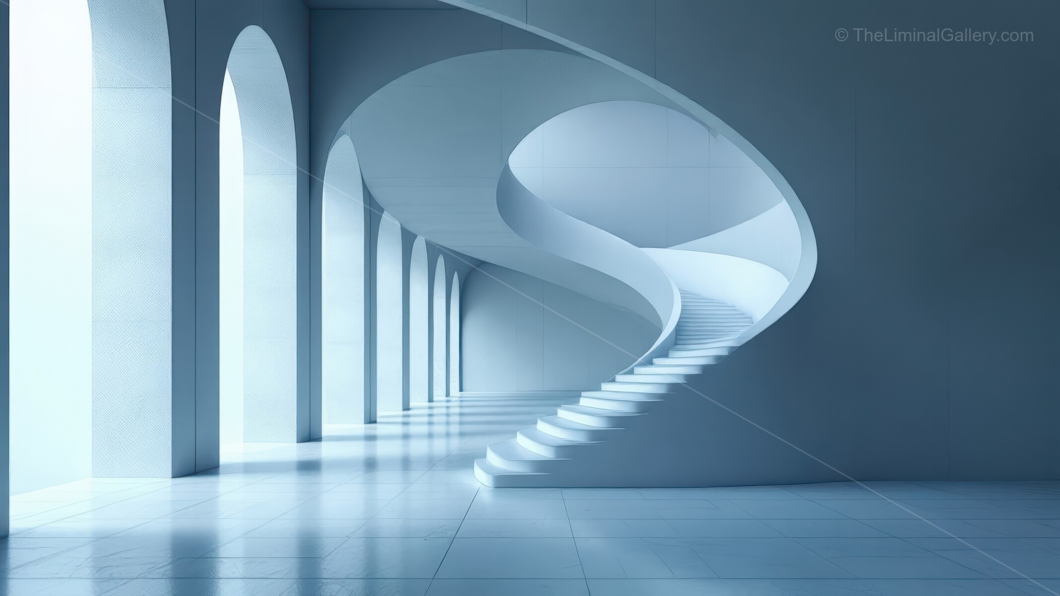 Liminal contemporary masterpiece features fluid curves and soft illumination, inviting exploration within a tranquil minimalist environment of calm discovery