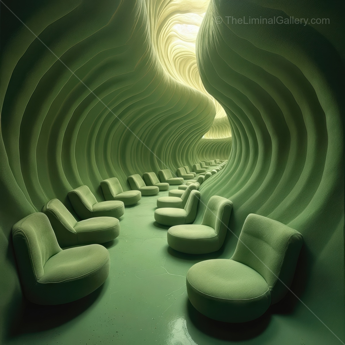 Innovative interior design creates a serene and fluid space of soft curves and inviting seating that invites relaxation and contemplation in a unique environment